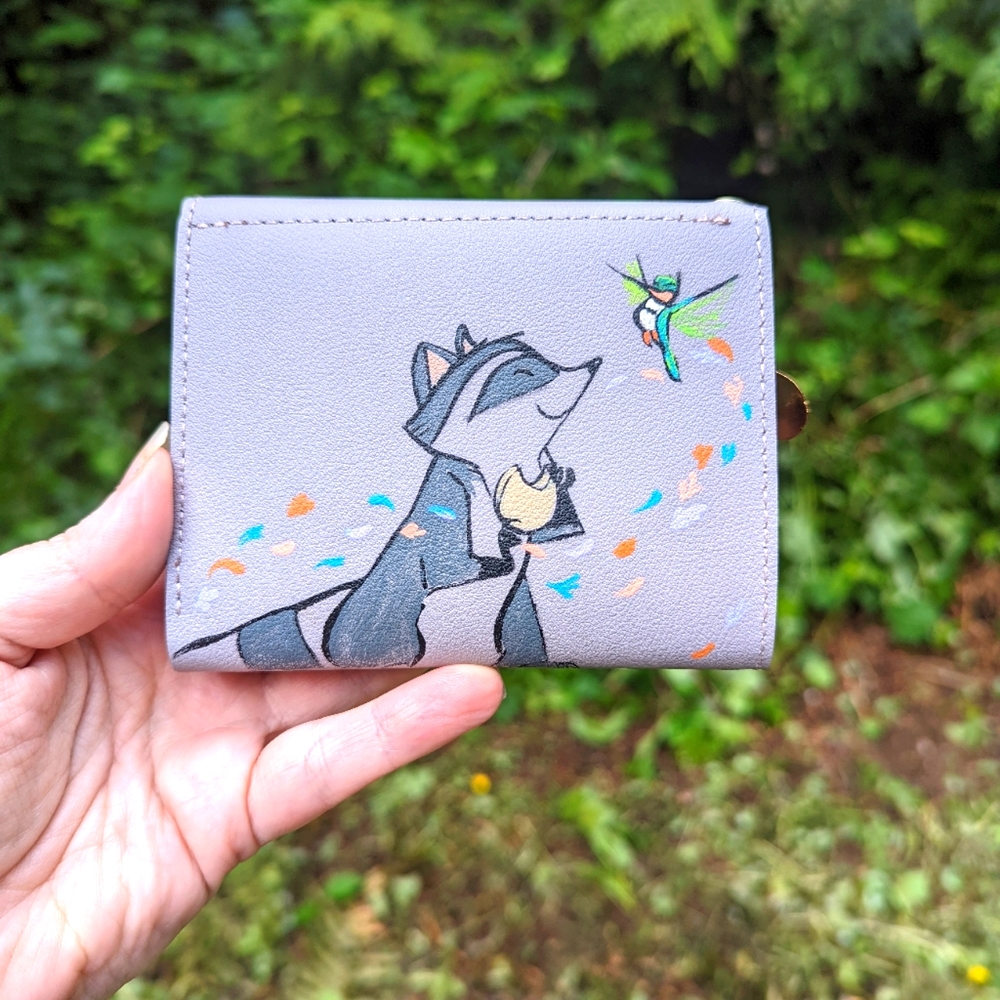 Hand painted light grey wallet Meeko and Flint from Pocahontas